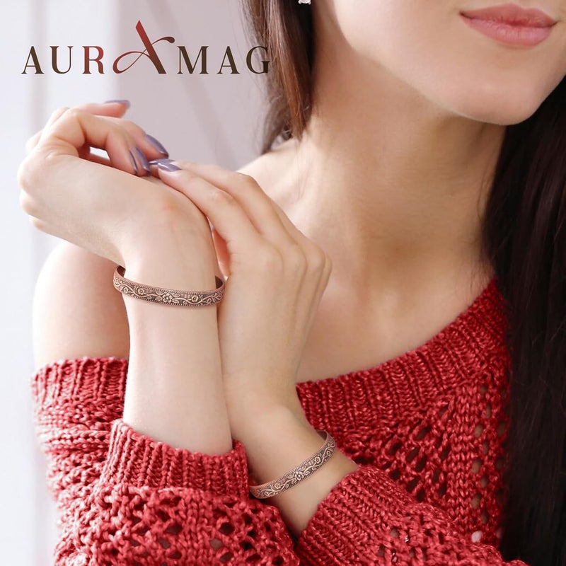 Auramag Copper Bracelets for Women, 99.99% Pure Copper Cuff Bangle with 3500 Gauss Magnets, Adjustable Jewelry with Gift Box(Set of 2) - Image 2